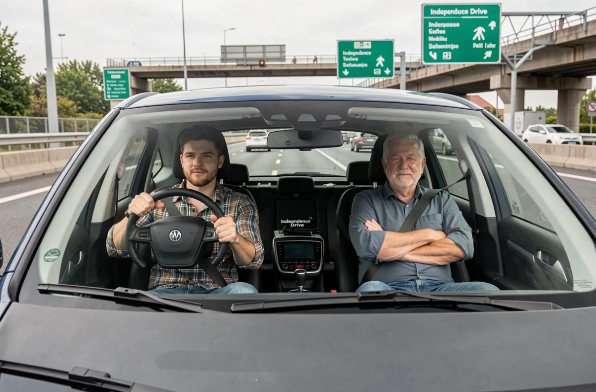 Élève masculin décontracté au volant d'un véhicule Independence Drive sur le périphérique de Toulouse sous la supervision d'un moniteur expérimenté
