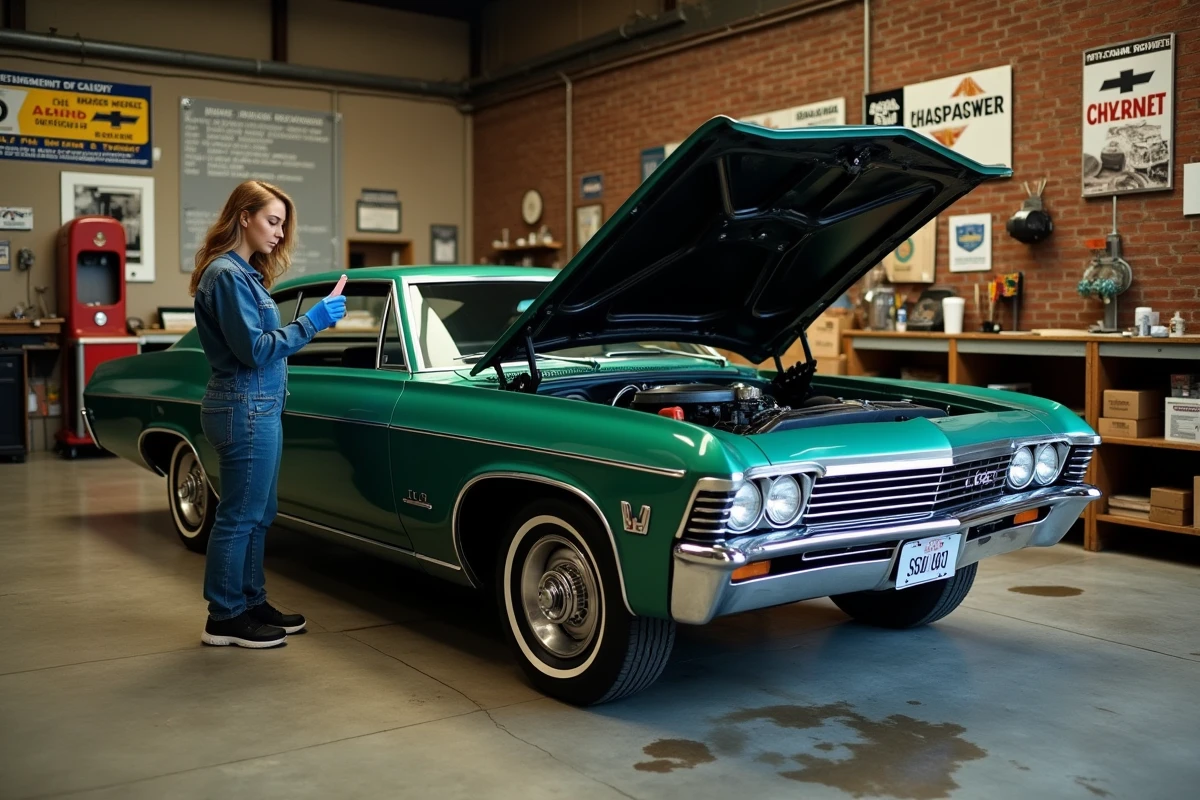 Historienne automobile inspectant l'étiquette de carrosserie d'une Impala 1967 verte dans un atelier de restauration