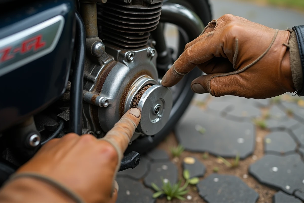 Mécanicien inspectant le moteur d'une Yamaha 125 TZR avec traces de corrosion et résidus d'huile