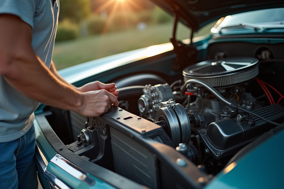 Propriétaire de voiture classique inspectant une pièce chromée