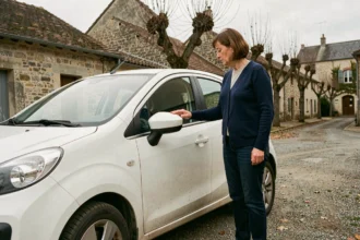 Femme inspectant une voiture sans permis d'occasion dans une rue de village de l'Yonne en automne