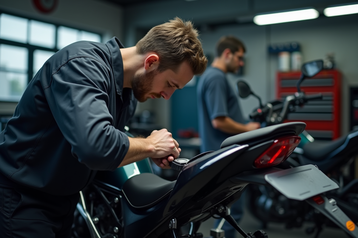 Mécanicien installant un GPS sous la selle d'une moto moderne