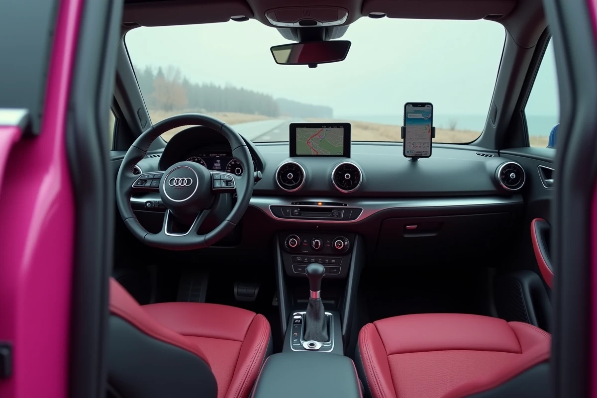 Intérieur de l'Audi A1 rose avec tableau de bord moderne, volant et console centrale avec porte-gobelet et support smartphone