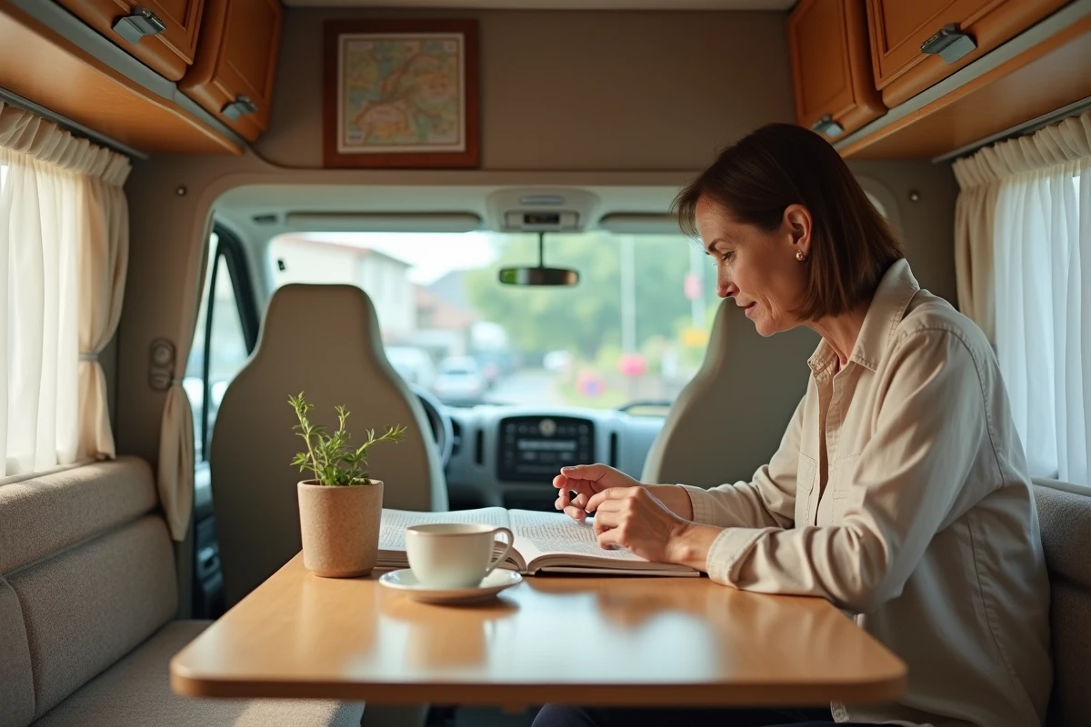 Intérieur d'un camping car occasion Autostar avec une voyageuse consultant un guide de voyage lors d'un périple en Europe