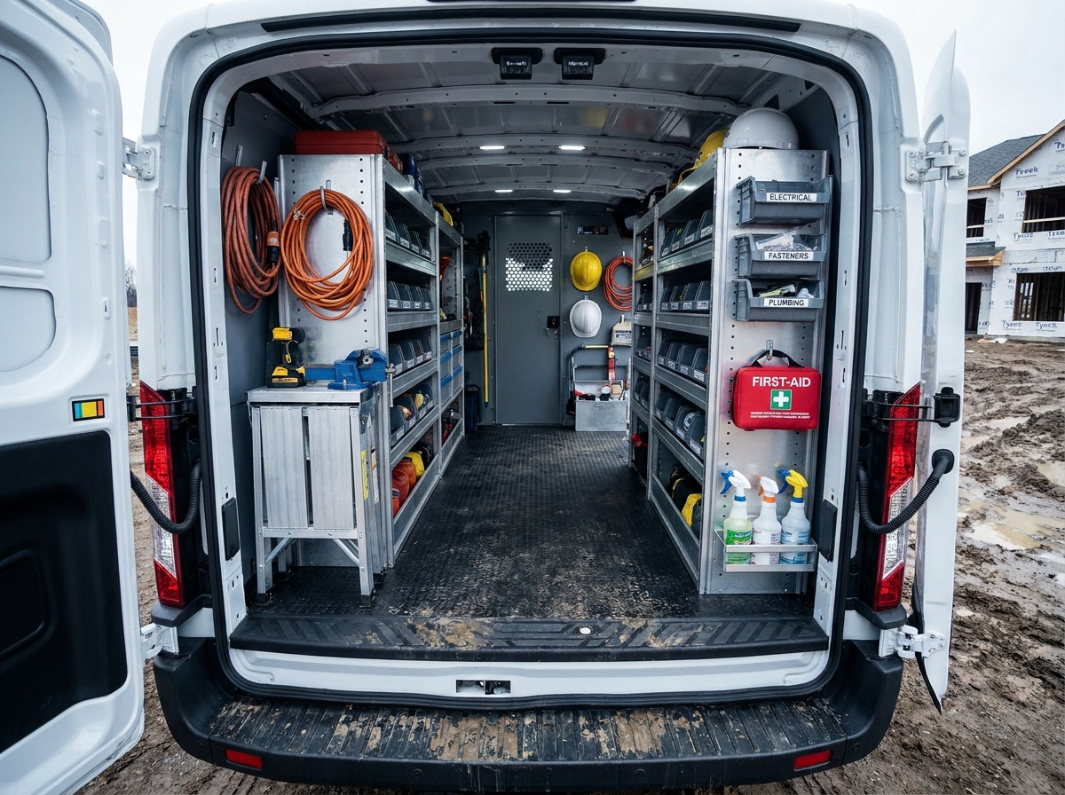 Intérieur d'un fourgon aménagé avec rangements modulaires pour professionnels du bâtiment