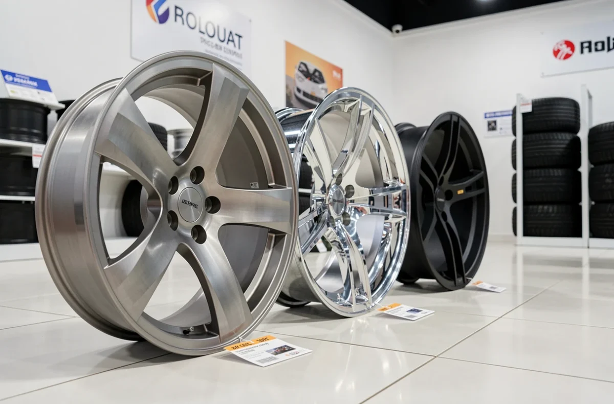 Trois jantes en alliage avec étiquettes de prix exposées dans un showroom automobile