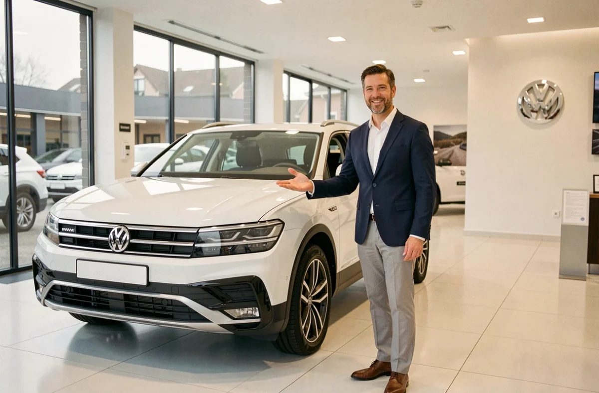Conseiller commercial devant une Volkswagen dans le showroom de Jean Lain Mobilités à Seynod