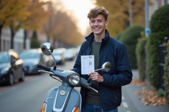 Adolescent montrant son permis BSR avec scooter en main