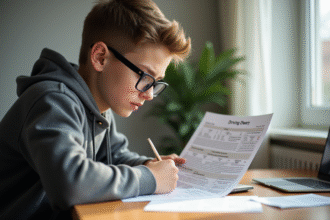 Jeune adulte étudiant un PDF de code de la route avec surlignages