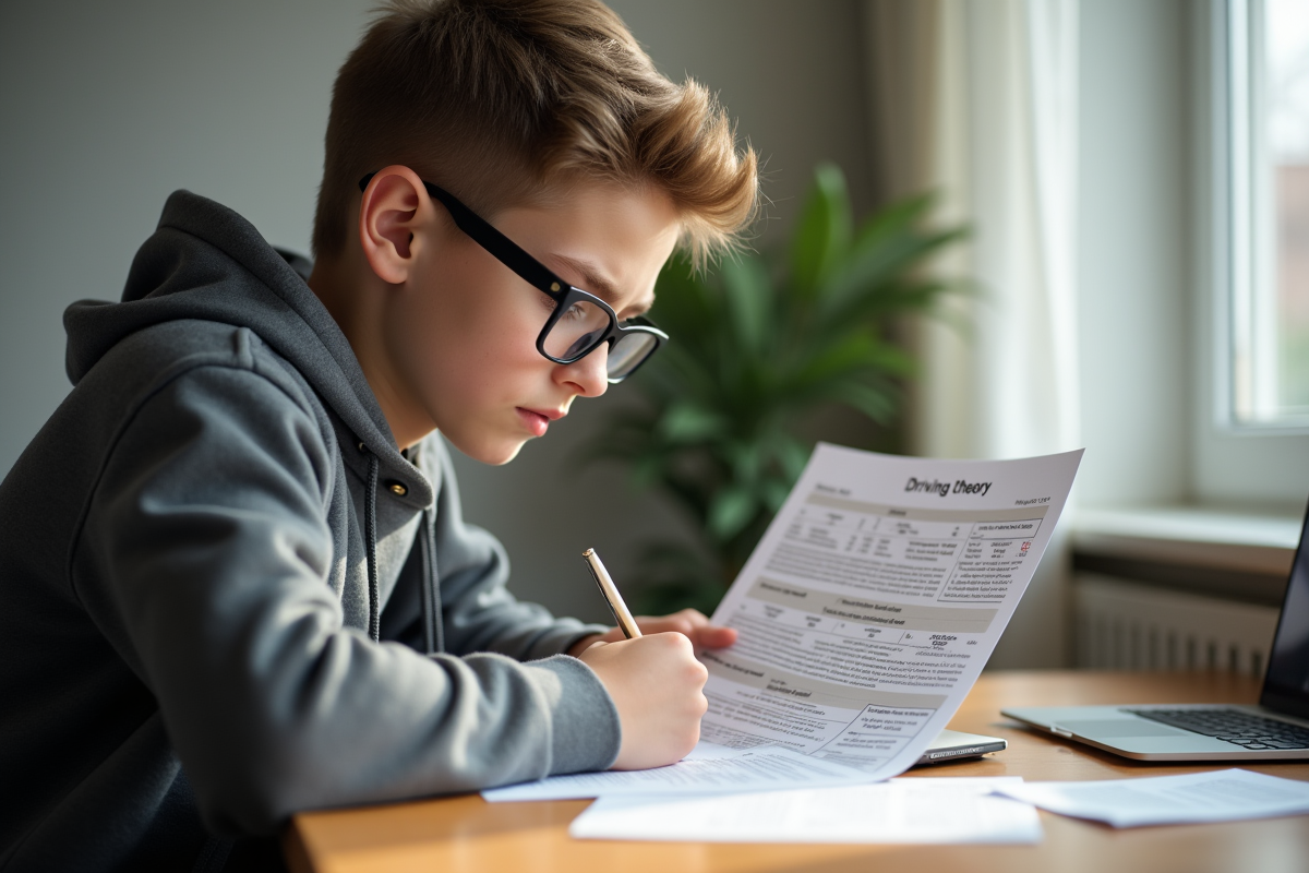 Jeune adulte étudiant un PDF de code de la route avec surlignages