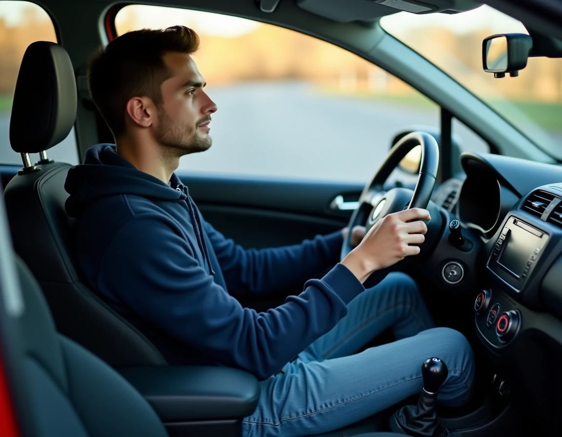 Jeune homme au volant d'une voiture compacte moderne vue depuis la portière passager ouverte