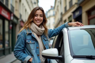 Jeune femme souriante appuyée sur une petite voiture blanche dans une rue parisienne pavée