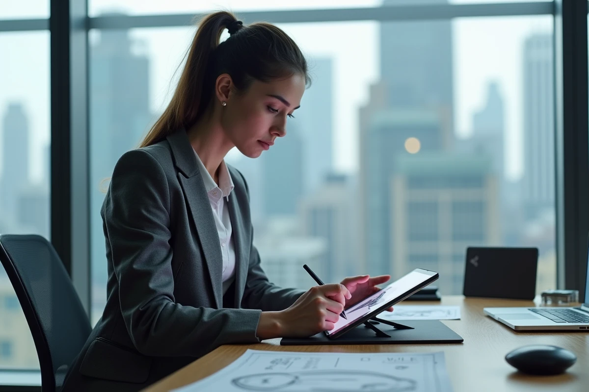 Jeune designer automobile esquisse un logo futuriste sur tablette