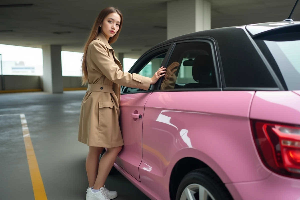 Jeune femme en imperméable beige posant à côté d'une Audi A1 rose dans un parking moderne en béton