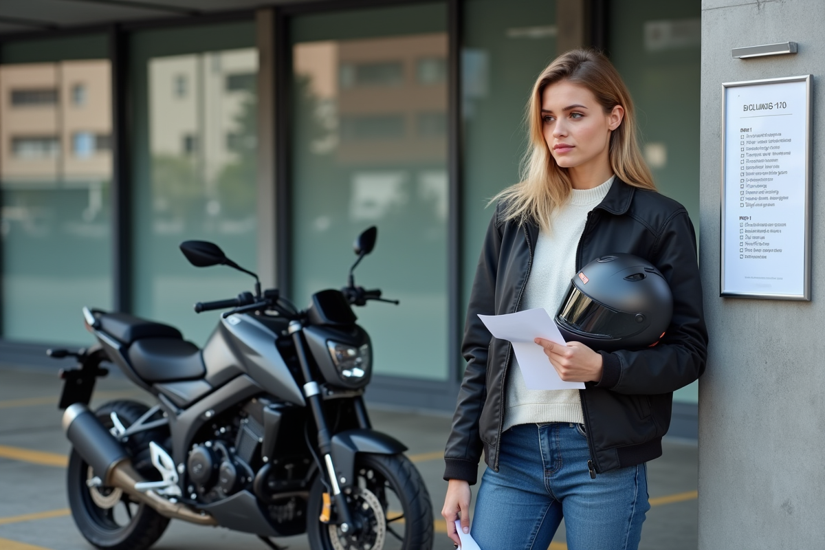 Jeune femme vérifiant sa moto devant un centre de contrôle technique