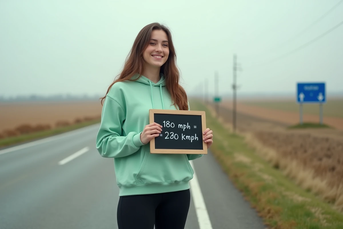 Jeune femme écrivant une conversion mph kmh sur un tableau dans un paysage rural