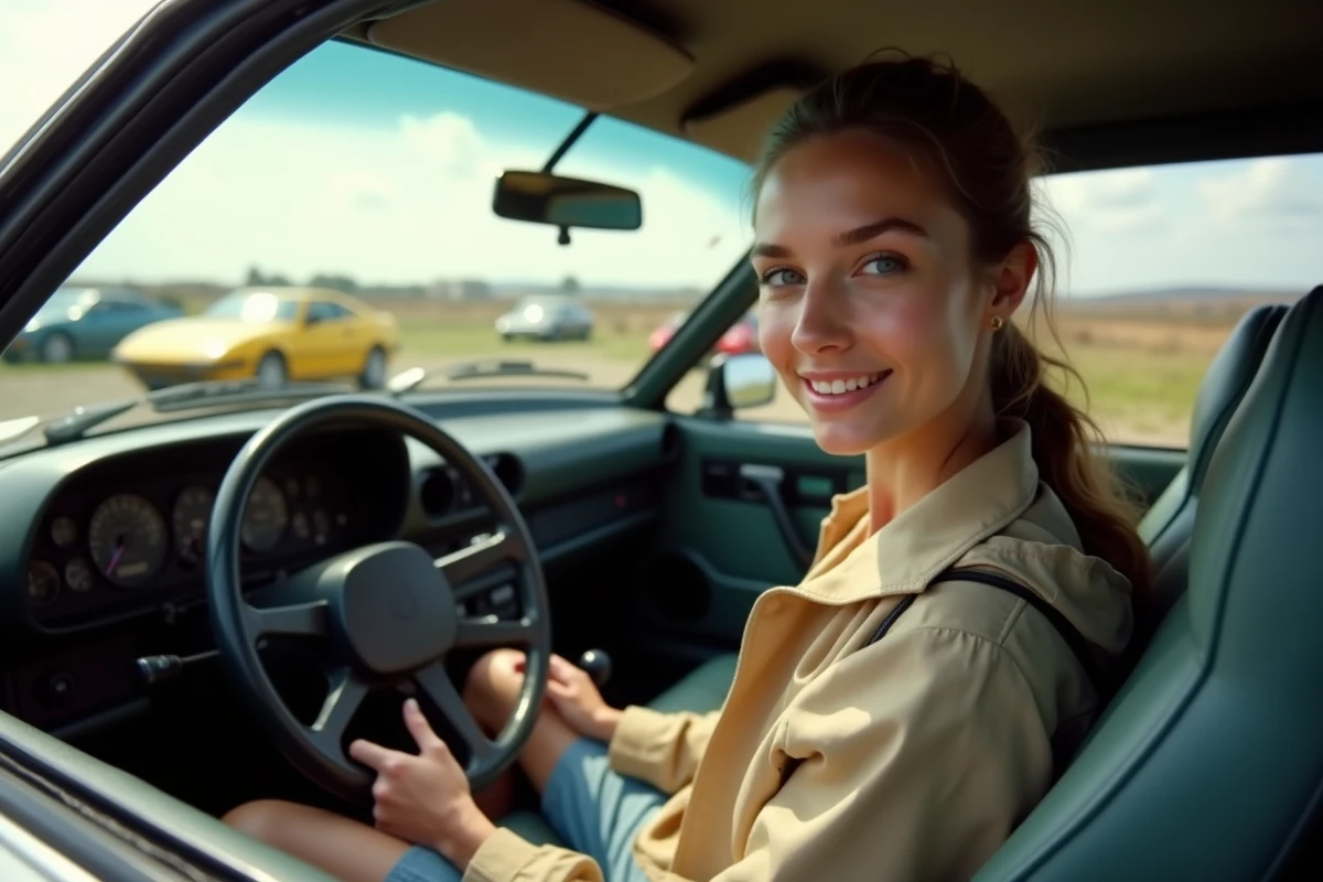 Jeune femme souriante dans une voiture de sport vintage