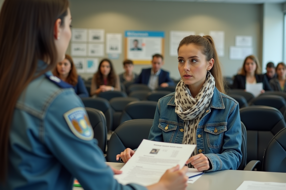 Jeune femme anxieuse au guichet de la préfecture pour son permis