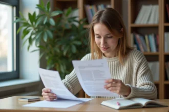 Jeune femme étudie un PDF avec notes dans un environnement calme