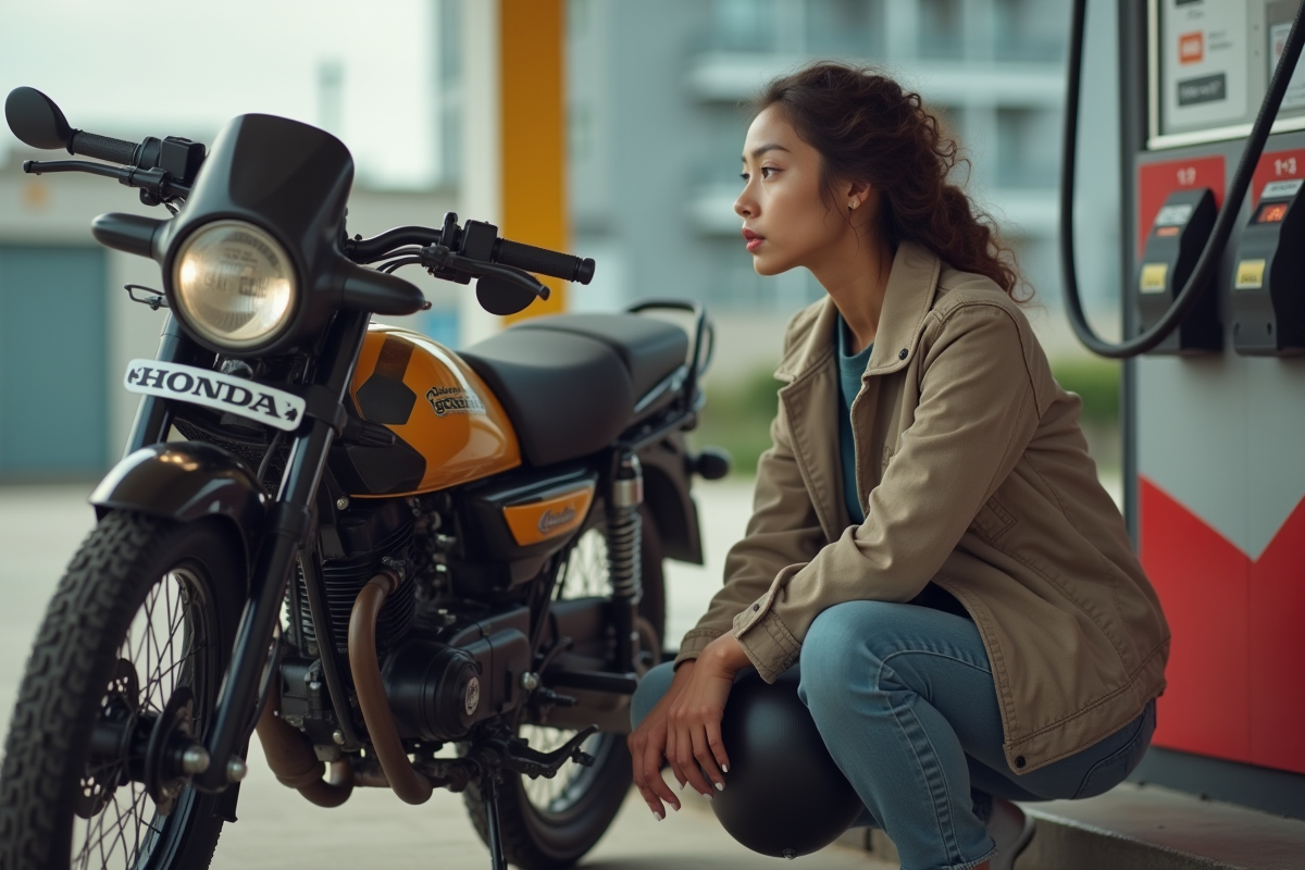 Jeune femme avec casque à la station essence près de sa moto