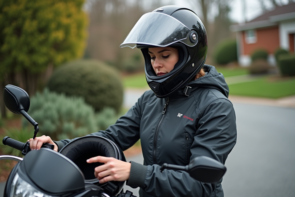 Jeune femme en veste de moto vérifie le casque à l