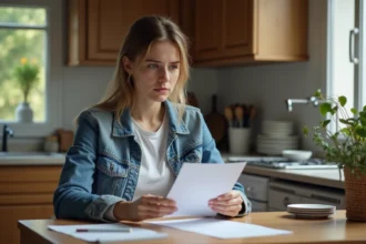 Jeune femme lisant une lettre dans une cuisine française