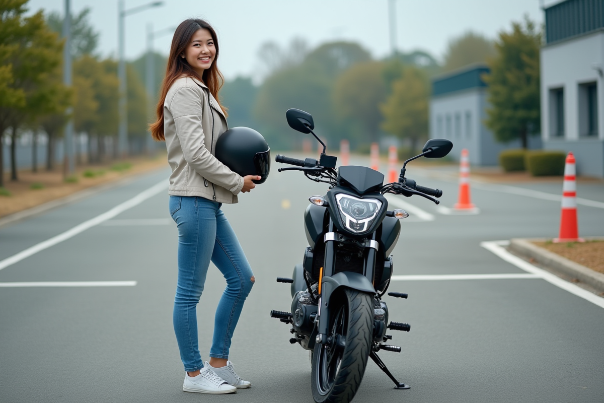 Femme avec casque et moto 125cc dans un terrain d