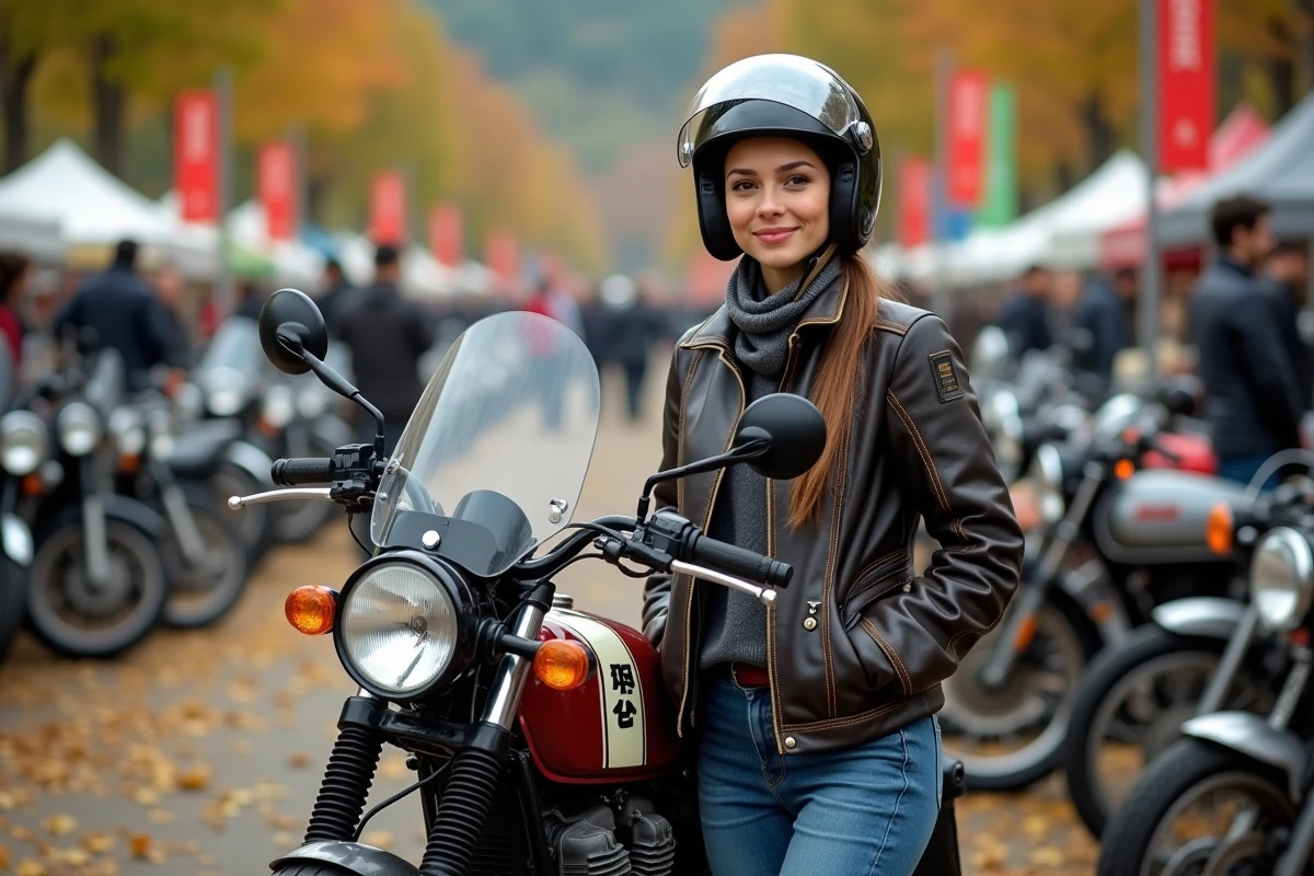 Jeune femme avec casque et veste vintage près d
