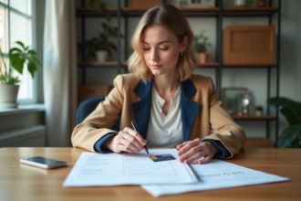Jeune femme arrangeant des papiers officiels dans un bureau moderne