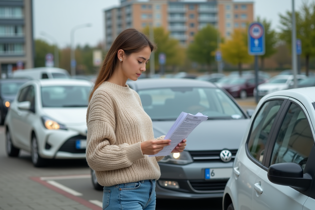 Jeune femme lisant un formulaire dans un parking urbain