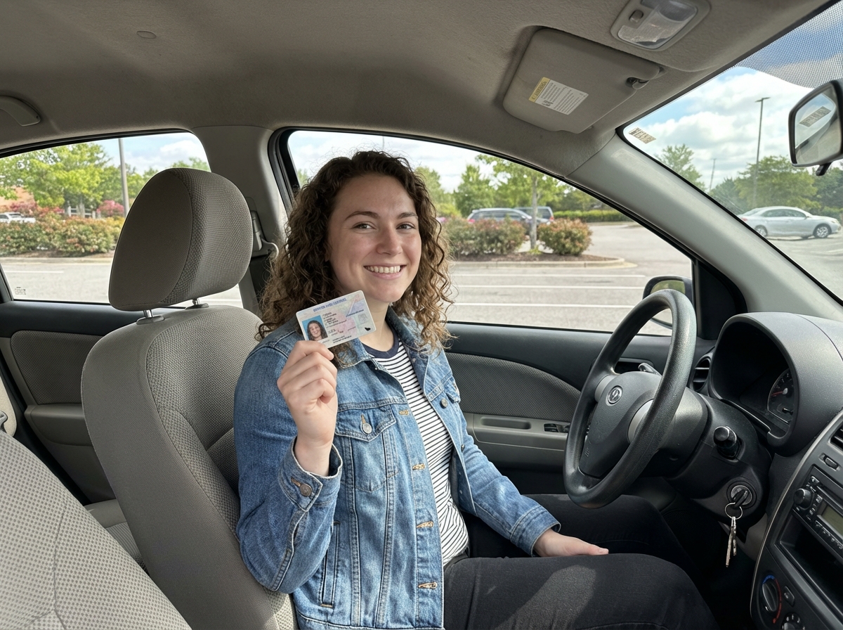 Jeune femme souriante avec permis dans la voiture