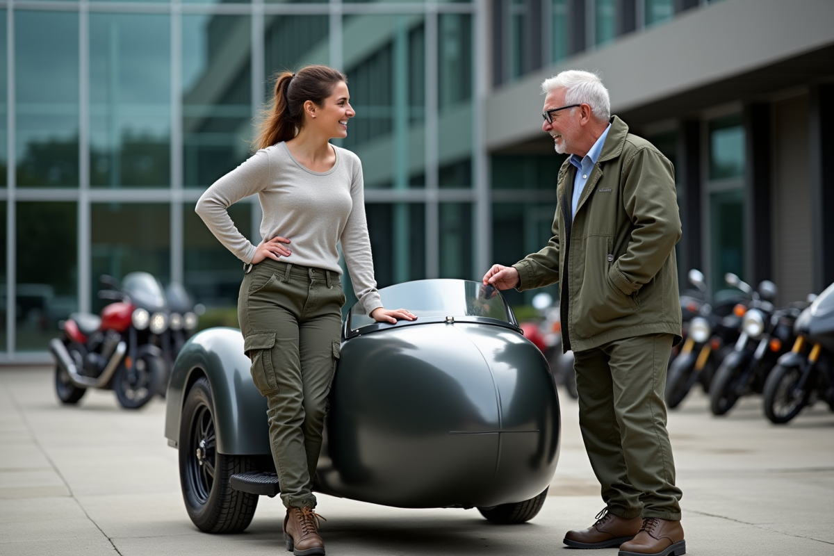 Jeune femme ingénieure montrant un sidecar à un client extérieur