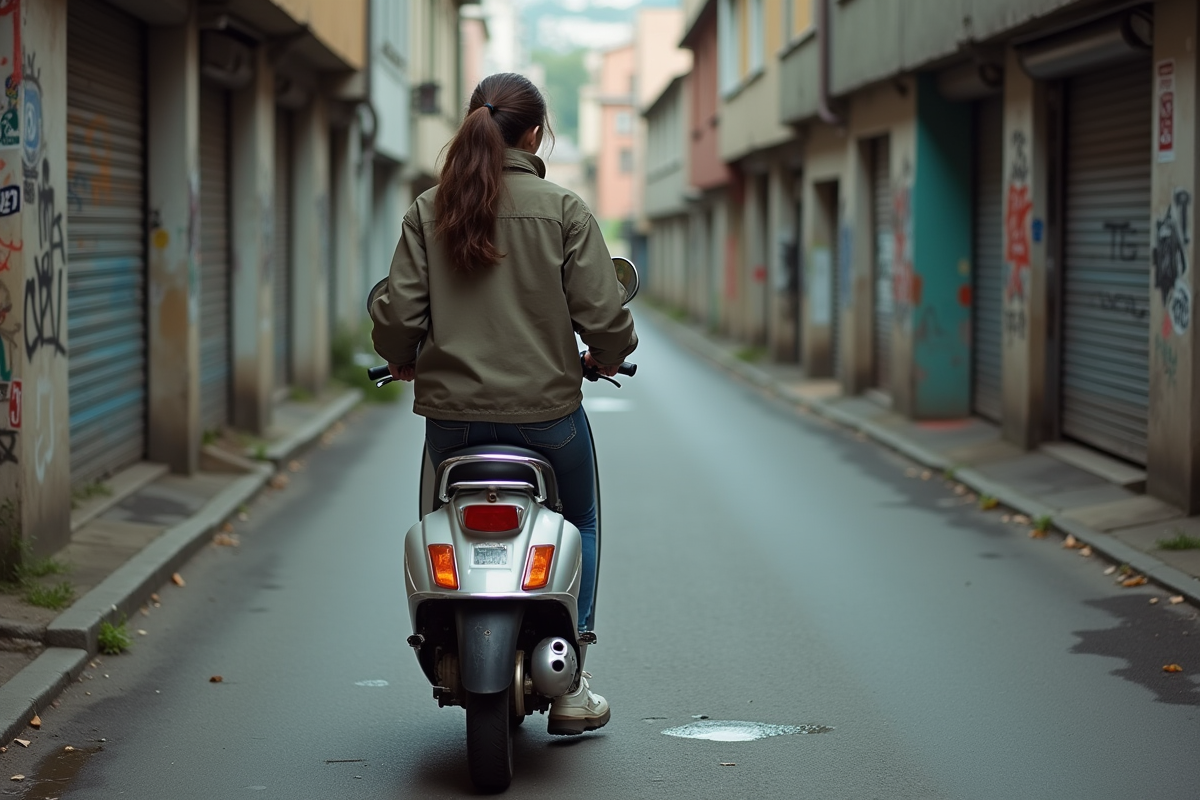 Jeune femme marchant son scooter dans une ruelle urbaine