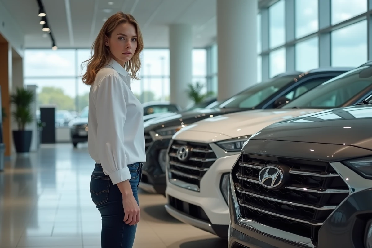 Jeune femme observant logos Hyundai en concession