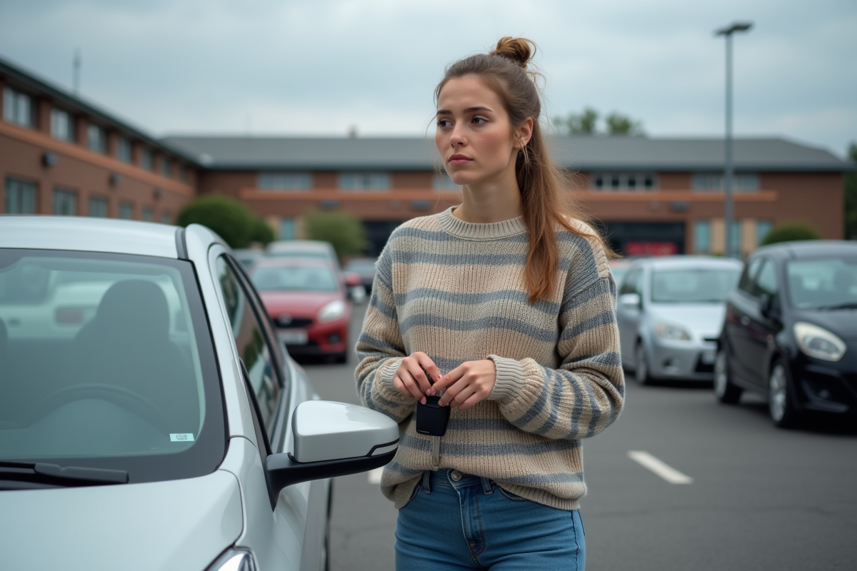 Jeune femme avec clés de voiture dans un parking