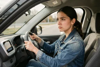 Jeune femme conduisant une voiturette sans permis, vue de l'intérieur du véhicule