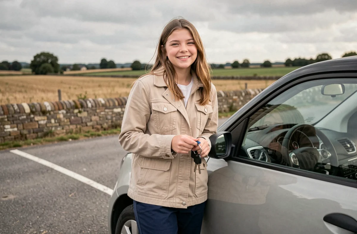 Jeune fille de 15 ans souriante avec les clés d'une voiture sans permis sur une route de campagne française