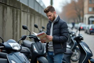 Jeune homme étudiant un guide Argus près de scooters en ville