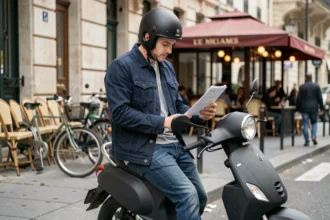 Jeune homme consultant des documents d'assurance scooter 125cc appuyé contre son scooter en ville