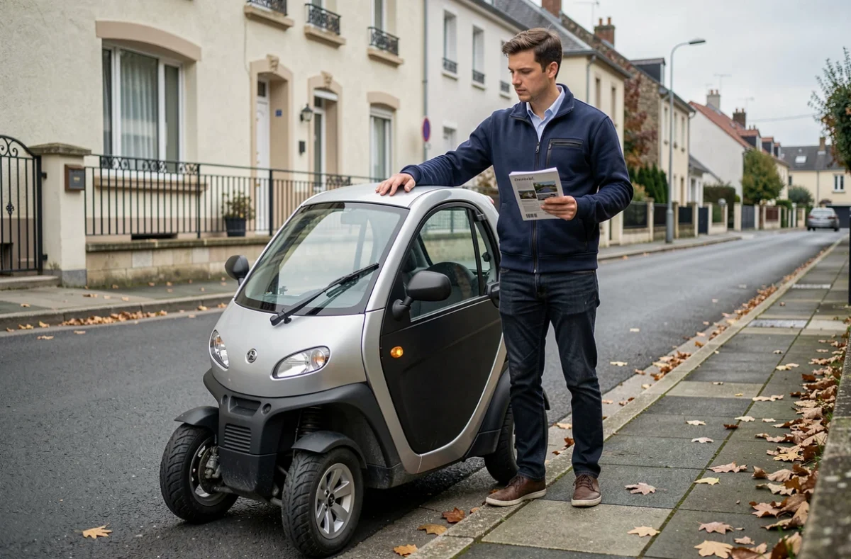 Jeune homme comparant les offres d'assurance pour voiturette sans permis dans la rue