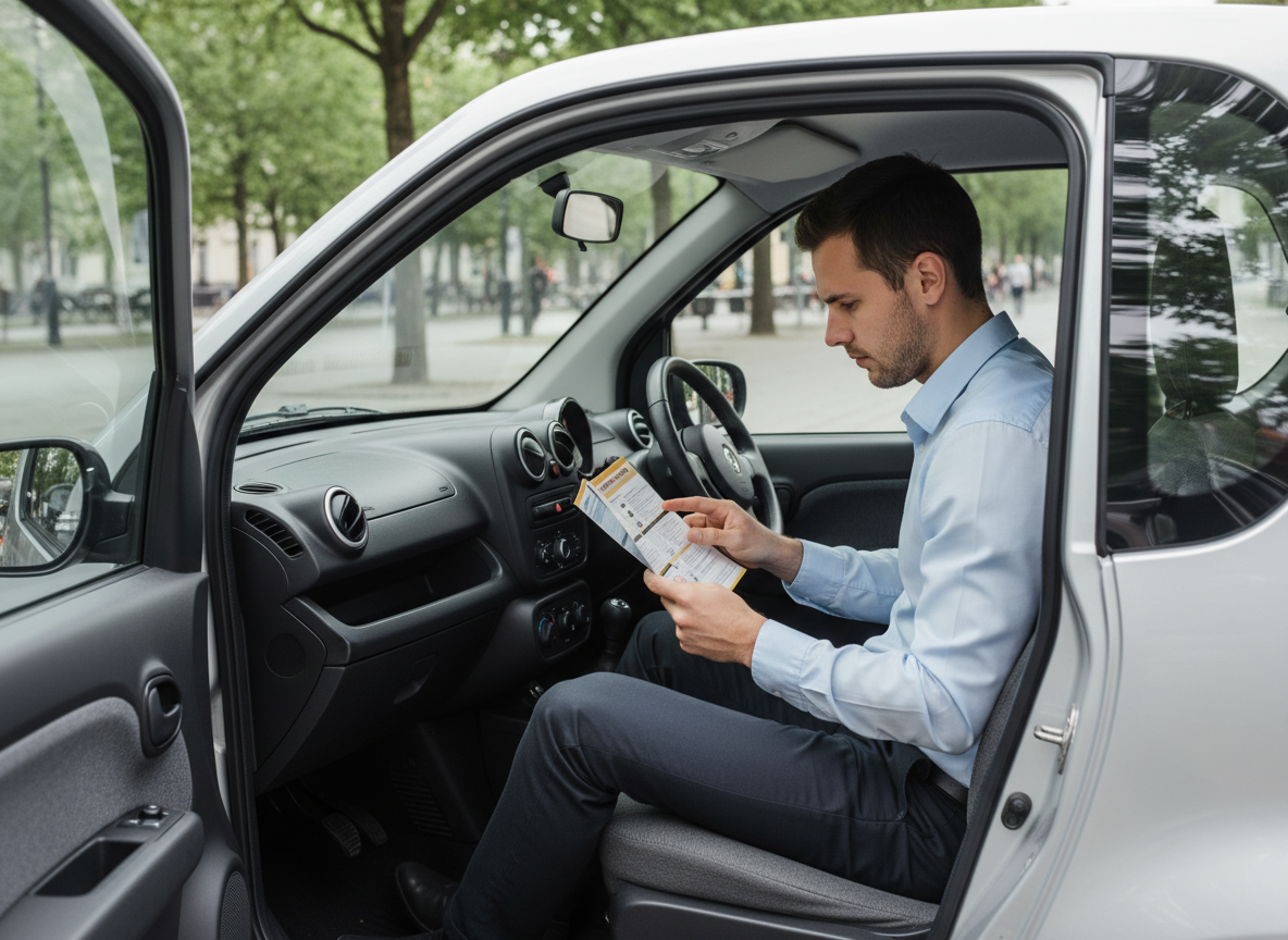Jeune homme dans la voiture examine une brochure d