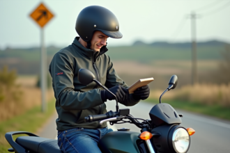Jeune homme en moto 125cc sur route rurale française
