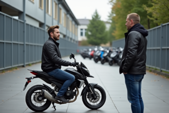 Jeune homme écoute un instructeur avec une moto 125cc