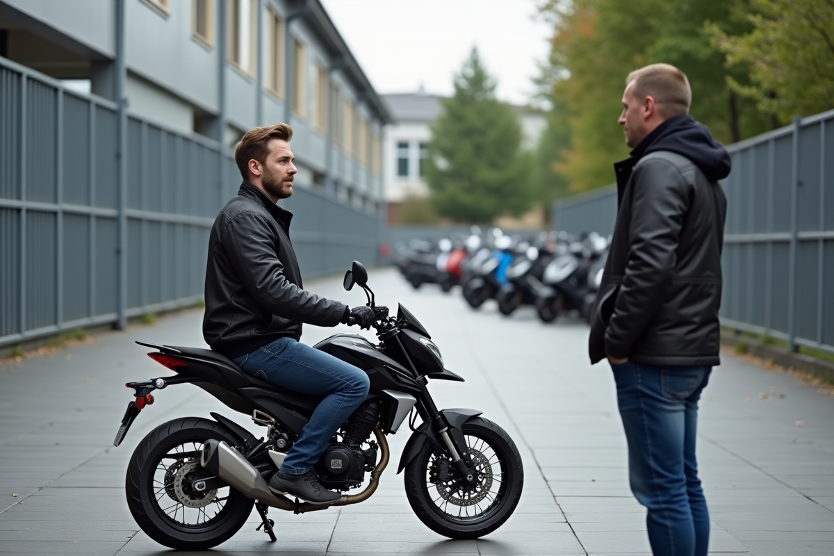 Jeune homme écoute un instructeur avec une moto 125cc