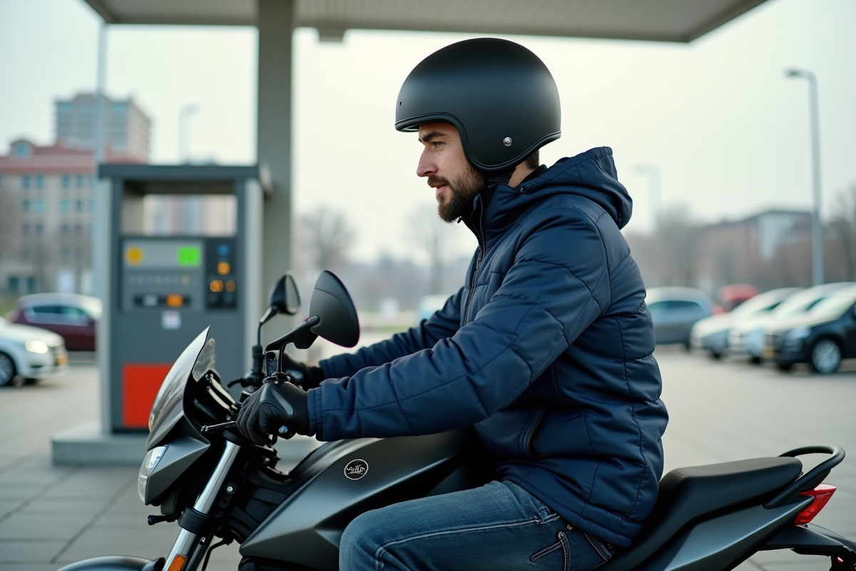 Jeune homme en moto à la pompe essence en extérieur