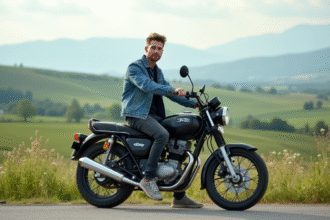 Jeune homme en denim sur moto Dax 125 en campagne