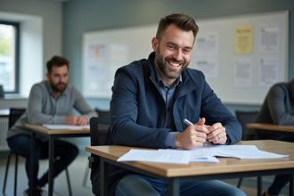 Homme souriant en formation permis 125 dans une salle moderne