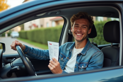 Jeune homme avec son permis dans une voiture en banlieue