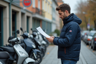 Jeune homme vérifiant une facture de scooter en extérieur