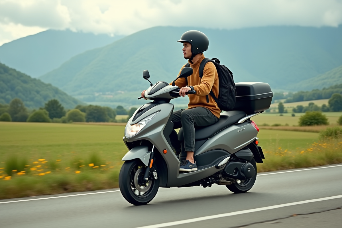 Jeune homme en scooter sur route rurale